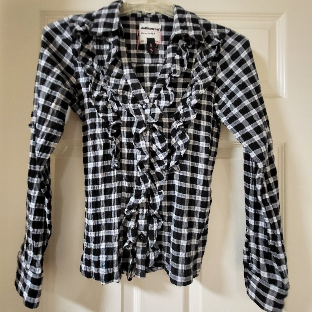 Dollhouse Button Down Ruffle Front Long Sleeve Top with Tie in Back size S